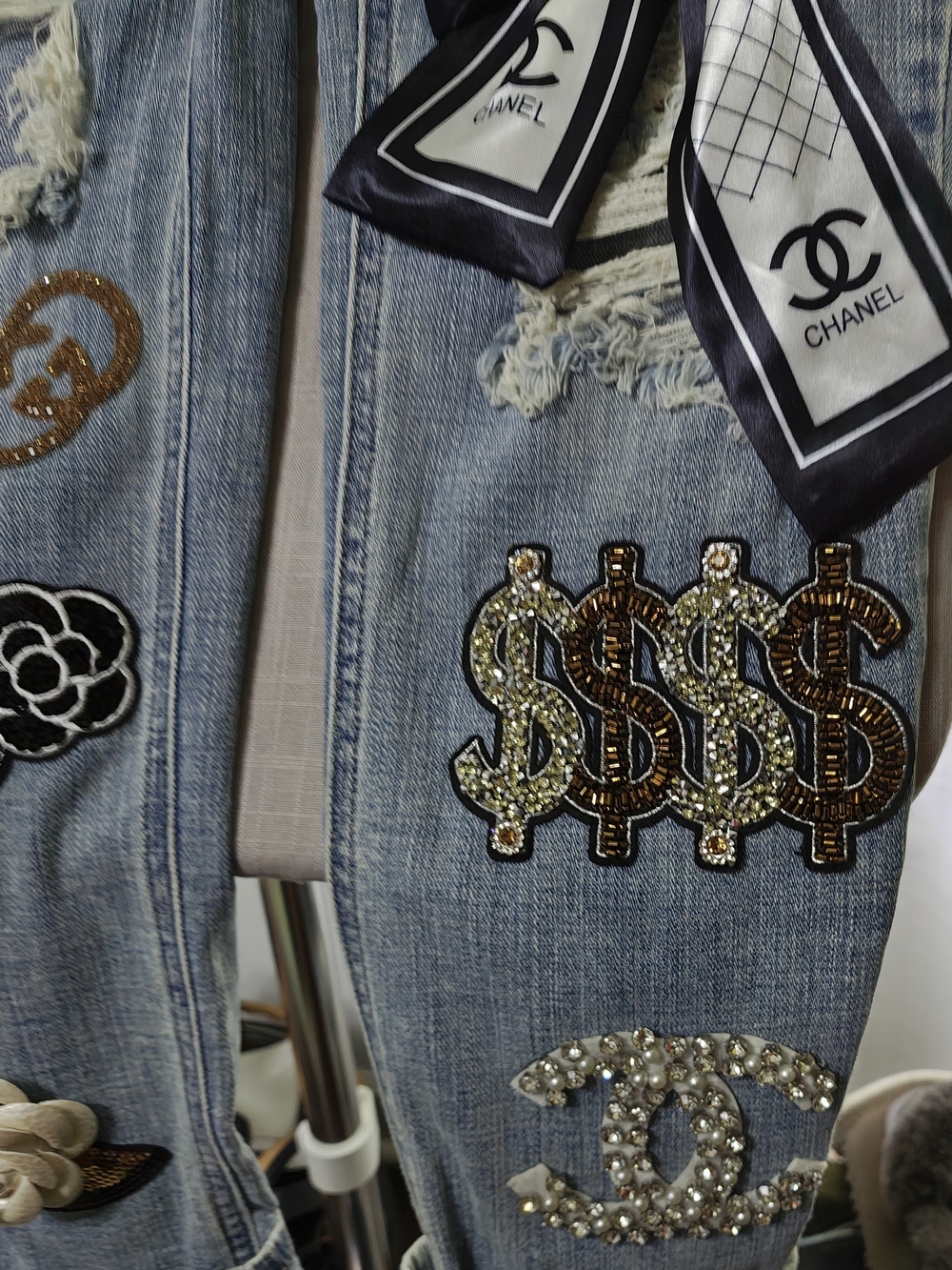 Women’s Light Blue Distressed Drama Jeans, with Chanel & Guccui Embellished - Picture 4 of 7